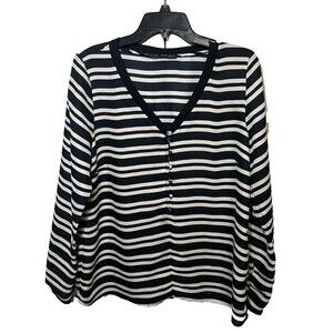 ZARA BASIC Women Black-White Striped Button Up V Neck Blouse Sheer Top  Large